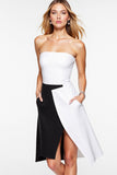 Strapless A Line Black and White Cocktail Dress with Slit