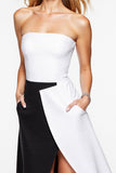 Strapless A Line Black and White Cocktail Dress with Slit