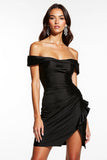 Off the Shoulder Satin Bodycon Black Cocktail Dress with Slit