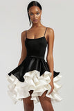 Black and White Spaghetti Straps A Line Tiered Cocktail Dress