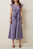 Grey Purple A Line Midi Wedding Guest Dress with Cap Sleeves