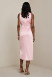 Pink V Neck Sheath Satin Midi Wedding Guest Dress