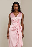 Pink V Neck Sheath Satin Midi Wedding Guest Dress