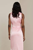 Pink V Neck Sheath Satin Midi Wedding Guest Dress