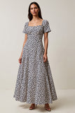 White Blue Flower Square Neck A Line Maxi Dress
