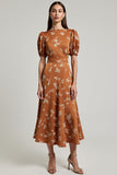 Print Orange A Line Midi Wedding Guest Dress