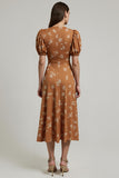 Print Orange A Line Midi Wedding Guest Dress