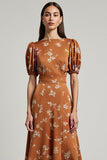 Print Orange A Line Midi Wedding Guest Dress