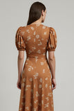 Print Orange A Line Midi Wedding Guest Dress