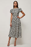 White Printed A Line Round Neck Midi Wedding Guest Dress