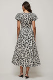 White Printed A Line Round Neck Midi Wedding Guest Dress