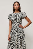White Printed A Line Round Neck Midi Wedding Guest Dress