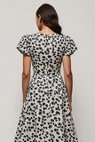 White Printed A Line Round Neck Midi Wedding Guest Dress