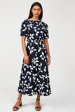 Print Navy A Line Midi Wedding Guest Dress with Short Sleeves