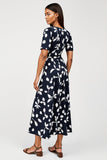 Print Navy A Line Midi Wedding Guest Dress with Short Sleeves