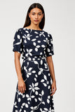 Print Navy A Line Midi Wedding Guest Dress with Short Sleeves