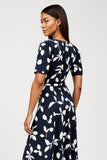 Print Navy A Line Midi Wedding Guest Dress with Short Sleeves