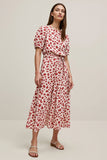 Red A Line Round Neck Printed Midi Wedding Guest Dress