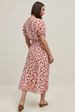 Red A Line Round Neck Printed Midi Wedding Guest Dress