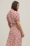 Red A Line Round Neck Printed Midi Wedding Guest Dress