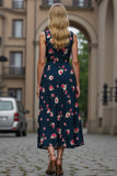 Dark Blue A Line Floral V-Neck Midi Wedding Guest Dress