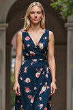 Dark Blue A Line Floral V-Neck Midi Wedding Guest Dress