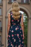 Dark Blue A Line Floral V-Neck Midi Wedding Guest Dress