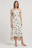 Off The Shoulder Printed White A Line Midi Wedding Guest Dress