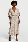 A Line Printed Apricot V Neck Midi Wedding Guest Dress with Belt