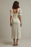 Apricot Sheath Lace Engagement Dress with Puff Sleeves