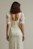 Apricot Sheath Lace Engagement Dress with Puff Sleeves