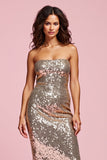 Strapless Sparkly Sheath Golden Wedding Guest Dress