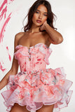 Floral Strapless Tiered Pink Ruffled Homecoming Dress