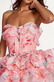 Floral Strapless Tiered Pink Ruffled Homecoming Dress