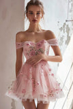 Embroidered Off The Shoulder A Line Pink Homecoming Dress