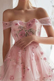 Embroidered Off The Shoulder A Line Pink Homecoming Dress