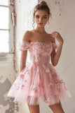 Pink Off The Shoulder A Line Homecoming Dress with 3D Flowers