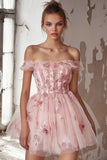 Off The Shoulder Pink Flower Homecoming Dress with Appliques