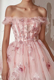 Off The Shoulder Pink Flower Homecoming Dress with Appliques
