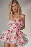 Ruffled Floral Strapless Pink Homecoming Dress