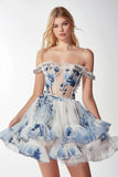 Cold Shoulder White Blue Flower Ruffled Homecoming Dress