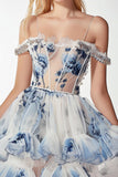 Cold Shoulder White Blue Flower Ruffled Homecoming Dress