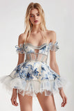 Off The Shoulder White Blue Flower Beaded Homecoming Dress