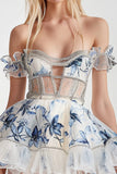 Off The Shoulder White Blue Flower Beaded Homecoming Dress