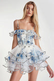 Tiered Cold Shoulder Corset White Blue Flower Homecoming Dress