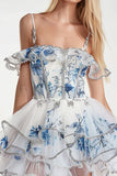 Tiered Cold Shoulder Corset White Blue Flower Homecoming Dress