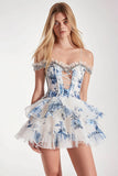 Cold Shoulder White Blue Flower A Line Homecoming Dress with Ruffles