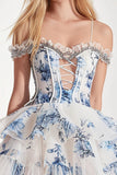 Cold Shoulder White Blue Flower A Line Homecoming Dress with Ruffles
