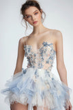 Cute Appliqued White Blue Flower Ruffled Homecoming Dress