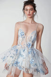 White Blue Flower Tulle Homecoming Dress with Appliques